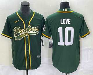 Mens Green Bay Packers #10 Jordan Love Green With Patch Cool Base Stitched Baseball Jersey